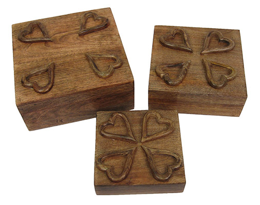 Mango Wood Set Of 3 Heart Boxes